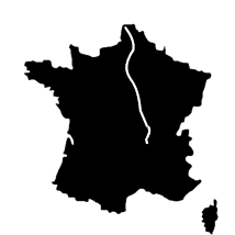 Carte de France en noir sur blanc avec itinéraire en pointillés entre Oye-Plage et le Haut-Forez